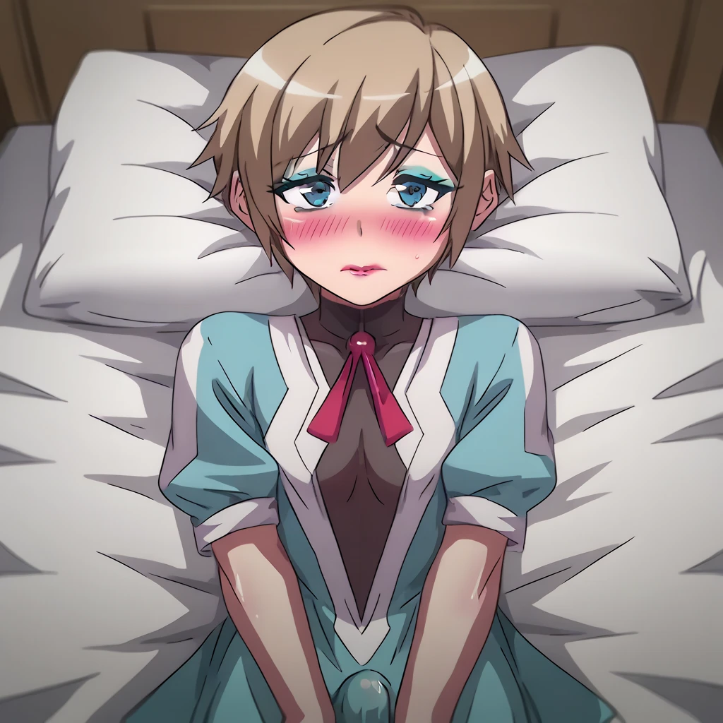 1boy, solo, alone, love hotel, red lips, brown hair, short hair, spike hair, blue eyes, red eyeshadow, pink blush, pink lips, shy, small breasts, lying on bed love hotel, wear Mina outfit, bulge penis under outfit,