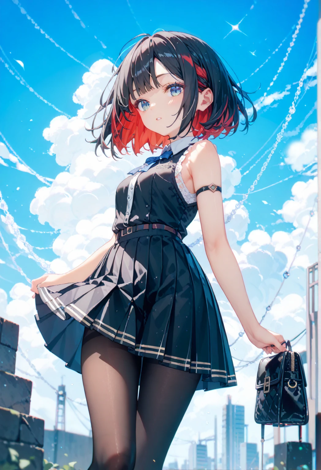 1 girl, graduation bob, straight short hair, mediumvioletred hair, mediumvioletred eyes, big eyes, small beret, high school