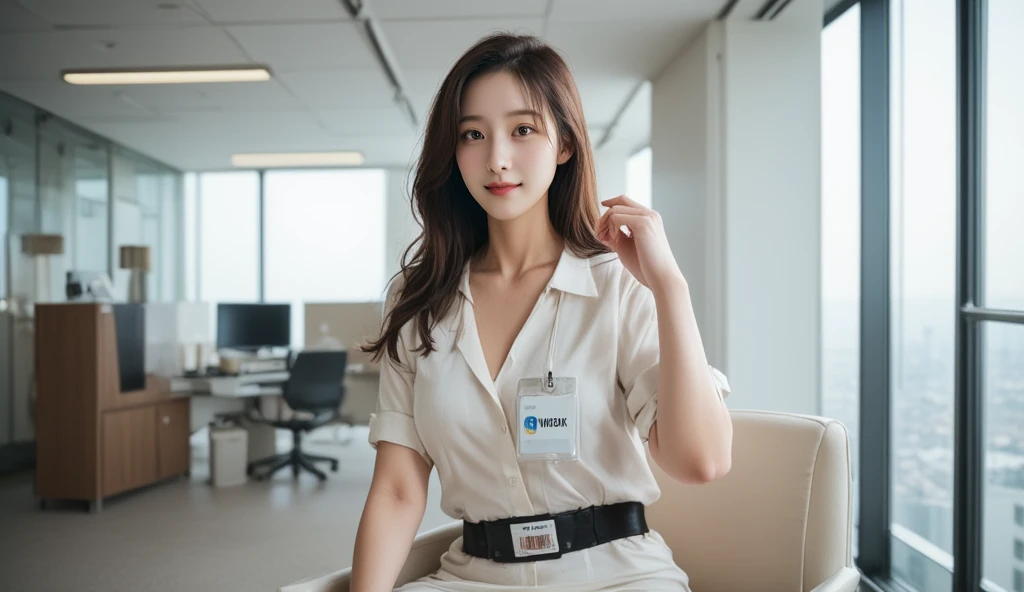 a beautiful Korean woman sweet Kpop idol wearing office clothes is sitting on a chair in the office, and she is wearing an ID card,