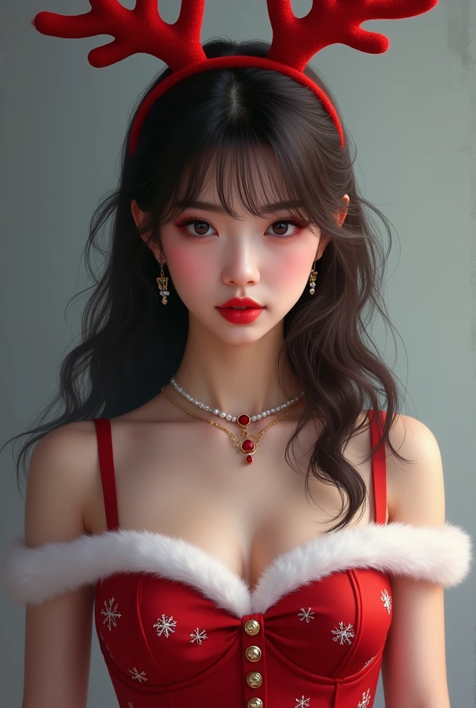 Red knit, turtleneck, Santa Claus red costume, (Open all buttons: 1.1), Santa Claus hat, big, big breasts, deep cleavage, chest hugging, top quality, masterpiece, illustration, very delicate and beautiful, very detailed, CG, unity, 8K wallpaper, amazing, fine details, highly detailed CG Unity 8K wallpaper, huge file size, Very detailed, high resolution, handsome detail woman, very detailed big eyes and face, amazing detailed eyes, face light, (Best illustration: 1.1), (Best shadow: 1.1), Ultra high resolution, (Photoreal: 1.1), (Photoreal: 1.2:1.1), realistic face proportions, slender, smile, (makeup: 0.4), (fluffy pale colored eyes: 1.21), Light colored eyes, round eyes, looking at the beholder, dark brown hair, earrings, necklaces, hairpins, (irregular irregular skin imperfections, veins, wrinkled pores on the skin: 1.2), white background, (bokeh: 1.4), straight hair, very short hair, short bob hair, slightly bangs, bangs, gloss on skin, gloss on face, gloss on lips, gloss on chest, smile, teeth, Beautiful teeth, long neck, big eyes, clear eyes, clear double eyelids, both ears out, tremendously cute, overwhelming beauty, highlights in the eyes, chest closer, facing forward, body facing the viewer, hands on cheeks, perfect and detailed and beautiful hands, perfect and detailed and beautiful fingers, accurate number of arms, precise number of fingers, reaching out to the camera
