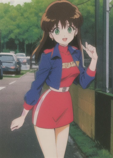 Asusdol,  1 girl, Alone, heart,  hair ornament,emerald green eyes,  short jacket,  dress, open mouth, 1990s ( style for stilets), looking at viewer, smile,  outdoor, null,  Cowboy Shot ,  clevis cut out,  race queen 、lean forward