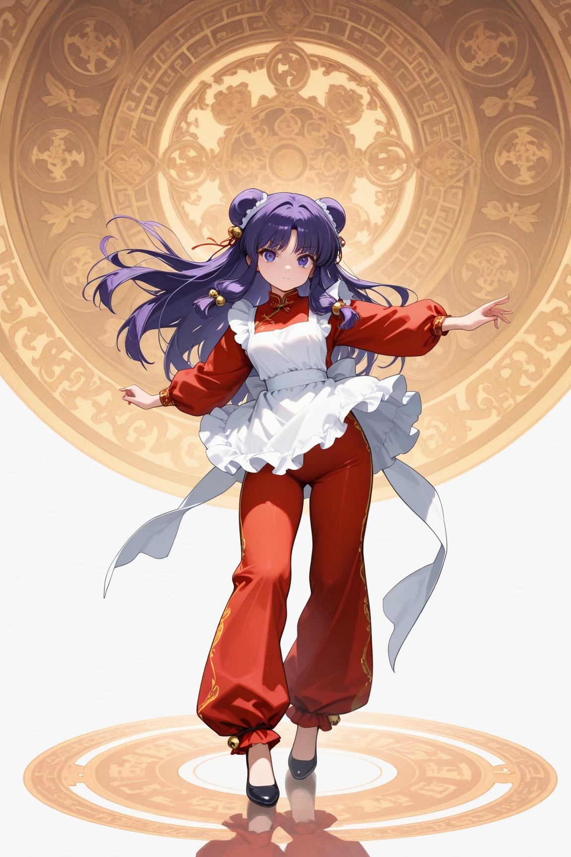 (solo:1.3),1girl\(shampoo, character of anime\(Ranma1/2\),cute,sexy, long hair, looking at viewer, bangs, simple background, hair ornament, white background, dress, purple eyes, full body, purple hair, sidelocks, hair bun, bell, double bun, chinese clothes, red short dress, (red pants:1.3), hair bell, eyeshadow, frilled apron,dynamic action pose\).background\( simple chinese design,white 1cat\). BREAK .quality\(8k,wallpaper of extremely detailed CG unit, high resolution, top-quality, top-quality real texture skin, hyper realistic, increase the resolution, RAW photos, best quality, highly detailed, the wallpaper, golden ratio, high saturation realism, vibrant colors, dramatic lighting, persuasive storytelling, atmospheric scenery, captivating visuals, intricate details, strong emotions, dreamlike world\),(dynamic angle:1.4)