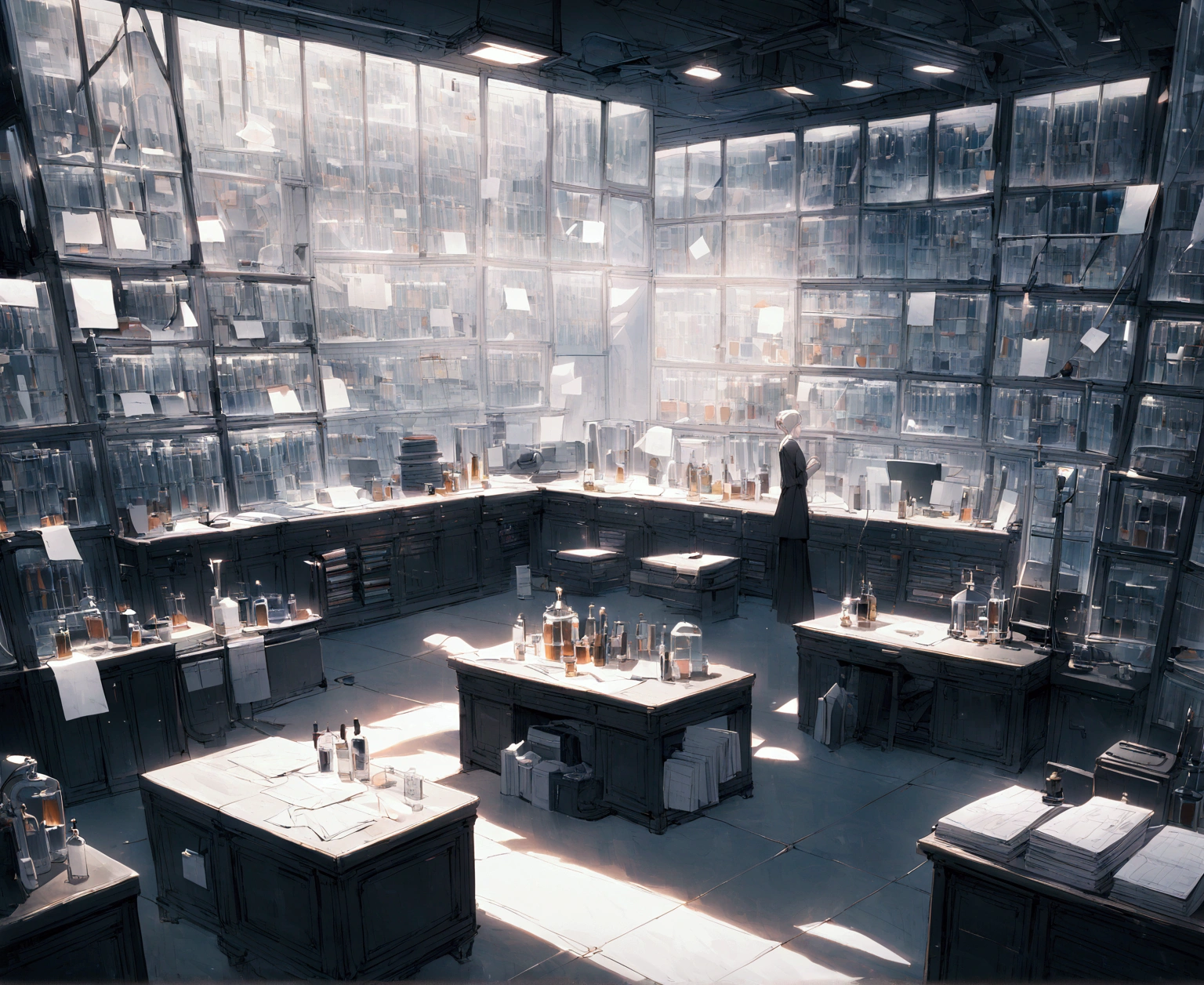 A laboratory with papers on a table, a room full of mirrors with locks and white lights. 