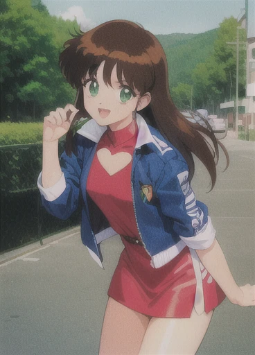 Asusdol,  1 girl, Alone, heart,  hair ornament,emerald green eyes,  short jacket,  dress, open mouth, 1990s ( style for stilets), looking at viewer, smile,  outdoor, null,  Cowboy Shot ,  clevis cut out,  race queen 、lean forward