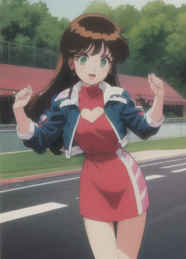 Asusdol,  1 girl, Alone, heart,  hair ornament,emerald green eyes,  short jacket,  dress, open mouth, 1990s ( style for stilets), looking at viewer, smile,  outdoor, null,  Cowboy Shot ,  clevis cut out,  race queen 、lean forward