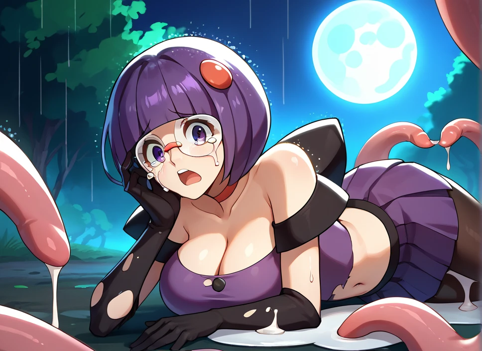 score_9, score_8_up, score_7_up, score_6_up, source_anime, 1girl, solo,  shauntal, purple hair, blunt bangs, bob cut, purple eyes, round glasses, black capelet, large bow, purple shirt, collarbone, cleavage, buttons, purple skirt, long sleeves, black gloves, elbow gloves, black pantyhose, huge breasts, night sky, night, forest, eyelashes, bare shoulders, sleeveless, elbow gloves, dress, striped dress, halterneck, choker, hair ornament,

  perfect lighting, best quality, masterpiece, light rays, professional photograph, perfect quality, gorgeous lighting,  masterpiece, concerned, tears, thicc, open mouth, bare shoulders, perky breasts, skin, high quality, Thicc, outside, raining, cleavage, looking at viewer, forest, night, crying, tentacles, defeated, crying, tears, torn clothes, ripped clothing, no strap, belly button, puddle, tentacle grap writs, slimy, wet clothes, full moon, held down, penetration, forced, penetrate, white water, broken breastplate, laying down, back on ground, on back, clouds, strapless dress, cum, white puddle, white water, 