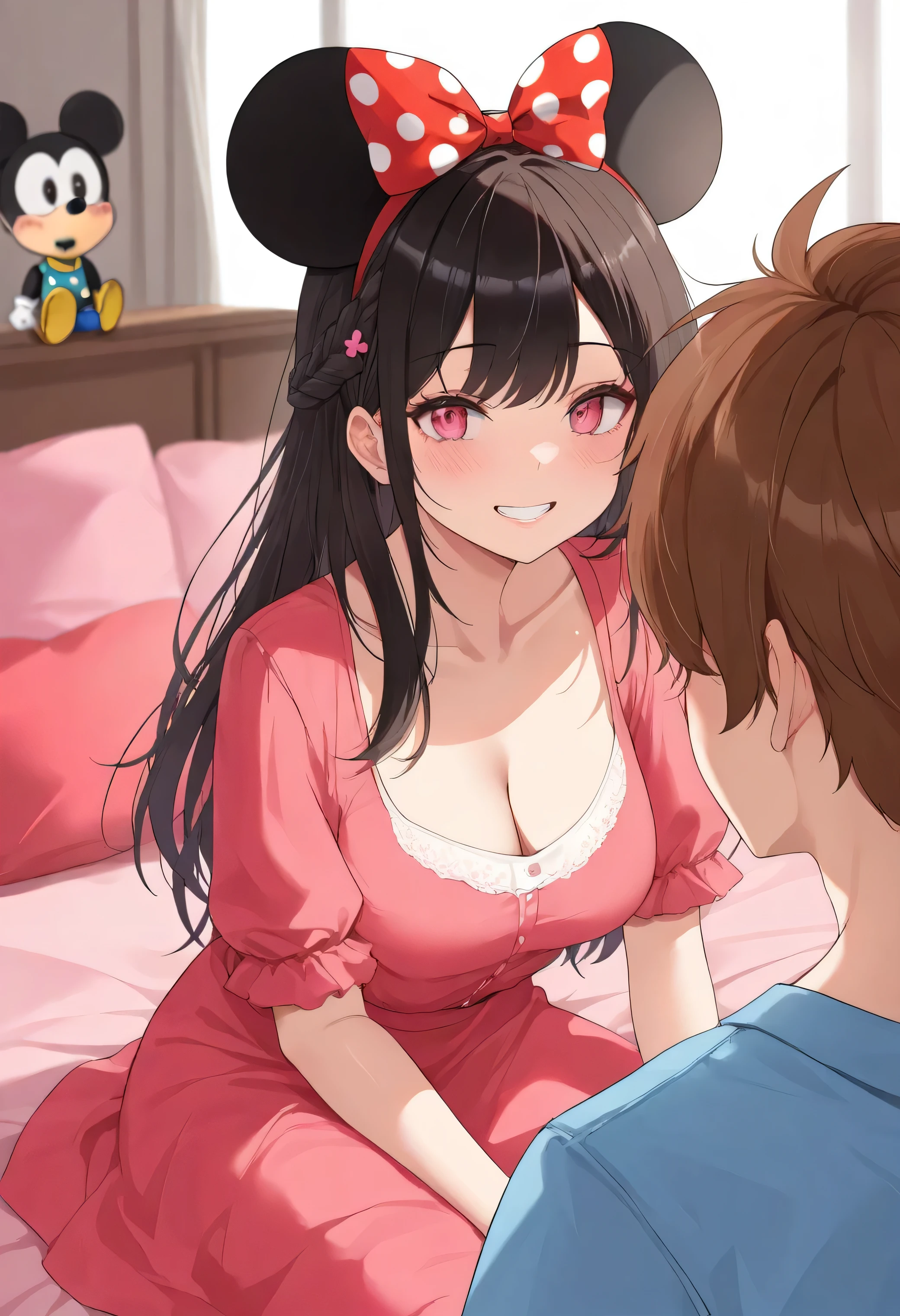 (best quality, Masterpiece), 1 girl, bedroom background, Girl cosplaying as Minnie Mouse, black hair, Beautiful long hair, braid, pink eyes, cute, Bright face, Teeth smile, beautiful breasts, Minnie Mouse's pink dress is accompanied by a white round motif, shy, 1 woman and behind 1 guy, young girl, The guy behind the girl, the guy wearing a dog ​​mask, Boys wear black beanies, boys have brown hair, boys have dark red eyes, guy have long black ears like those of a dog, (Goosebumps:0.7), Beautiful face, (shyไลเนอร์, lipstick:0.9), 4K, 8K, UHD, HDR, detailed background, background