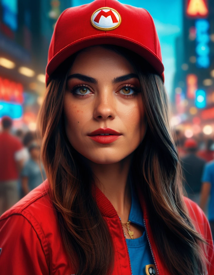 Close up head shot,cinematic photo Portrait of ((ohwx woman)) as super Mario, red hat, fantasy, highly detailed, digital painting, artstation, concept art, sharp focus, illustration, art by Tony Sart and artgerm and randy vargas   . 35mm photograph, film, bokeh, professional, 4k, highly detailed