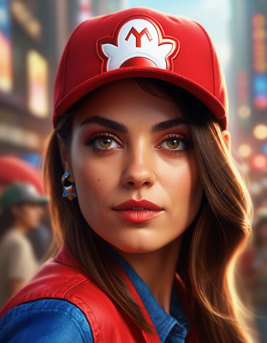 Close up head shot,cinematic photo Portrait of ((ohwx woman)) as super Mario, red hat, fantasy, highly detailed, digital painting, artstation, concept art, sharp focus, illustration, art by Tony Sart and artgerm and randy vargas   . 35mm photograph, film, bokeh, professional, 4k, highly detailed