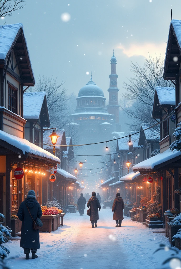 snowy scene of a train station with people walking on the platform, inspired by Raphael Lacoste, in fantasy sci - fi city, concept art stunning atmosphere, winter concept art, fantasy style 8 k octane render, 3 d render beeple, mystical sci-fi concept art, highly realistic concept art, 4k highly detailed digital art, ancient sci - fi city