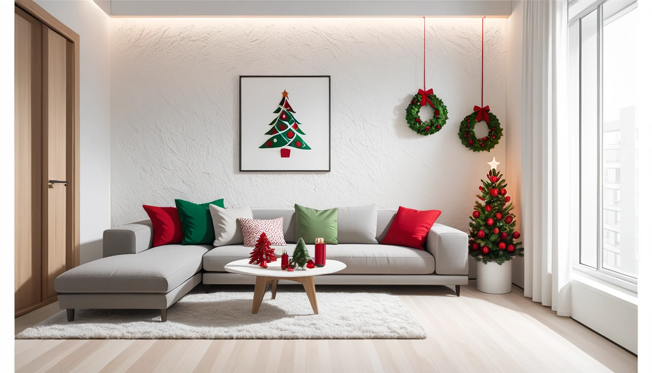 Small living room with a couch,  apartment design ,  Modern apartment interior ,   Modern and minimalist, minimalist interior design ,  Christmas. Christmas tree is placed in front of the bed near window 、 Decorated with a very christmas ornament ,  Christmas decorations throughout the room,  colorful decorations , red and green ornaments,   Christmas colors ,  lights off of the Christmas tree , ChristmasRoom