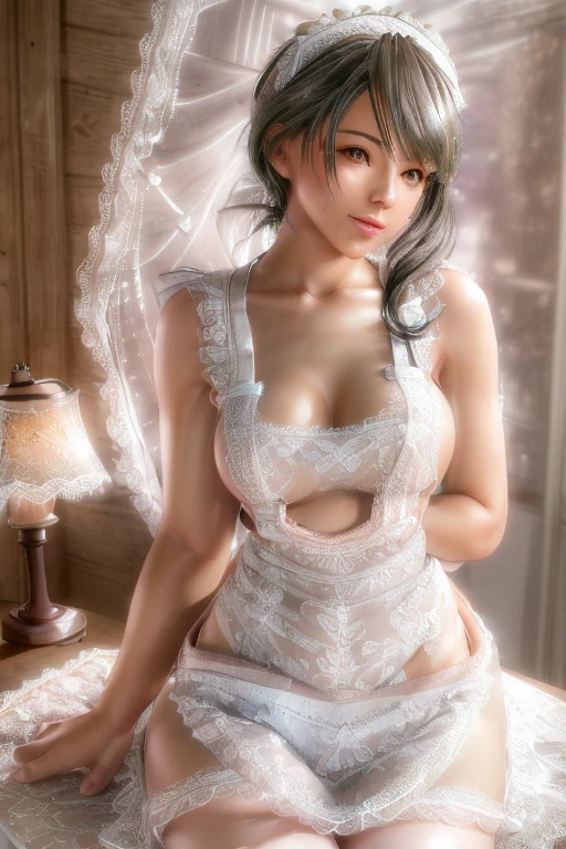 1 girl, (nude apron: 1.5), (white lace apron: 1.5) with intricate floral details and a bow at the waist. She accessorizes with white lace stockings. The room is softly decorated with white sheets and a lamp on the bedside table. Her expression is calm and elegant, and the atmosphere exudes warmth and sophistication,  ,huge breasts,(masterpiece:1.4),( best quality:1.4), View Viewer,