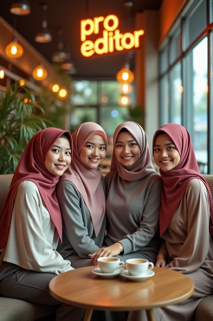 masutepiece, Best Quality, Illustration, Ultra-detailed, finely detail, hight resolution, 8K Wallpaper, Perfect dynamic composition, Multiple people,hijab, smile lips, (3 girls taking photos), korean Girls holding hand holding a small bag, slim, Slender, thin and tall body. White skin.  Position: Sitting on a chair at a table, looking to the side was laughing, Beautiful detailed eyes, Natural Lip, Wear long pashmina hijab moslem,pastel robe gamis, gamis unbuttoned loose opened, showing breasts and the nipples, photo full body, view of the blue sky, hand holding a small bag, show your big , people hijab, all the girls were hand holding a small bag, lustfull smile and seducting look 