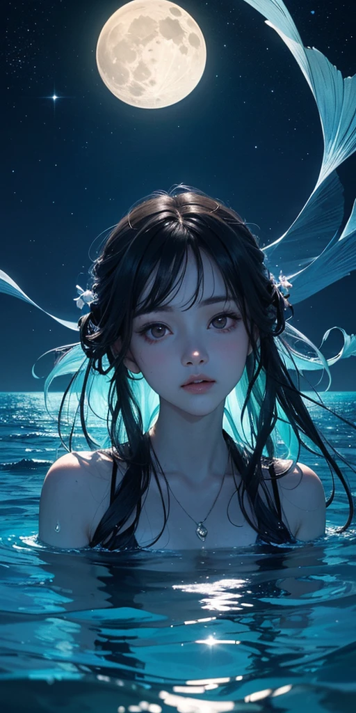 A woman swimming in the sea where bioluminescent plants shine, ((bioluminescent plants shine)), the moonlight reflected on the surface of the sea, (a beautiful moon), a beautiful starry sky, beautiful face, detailed faace,