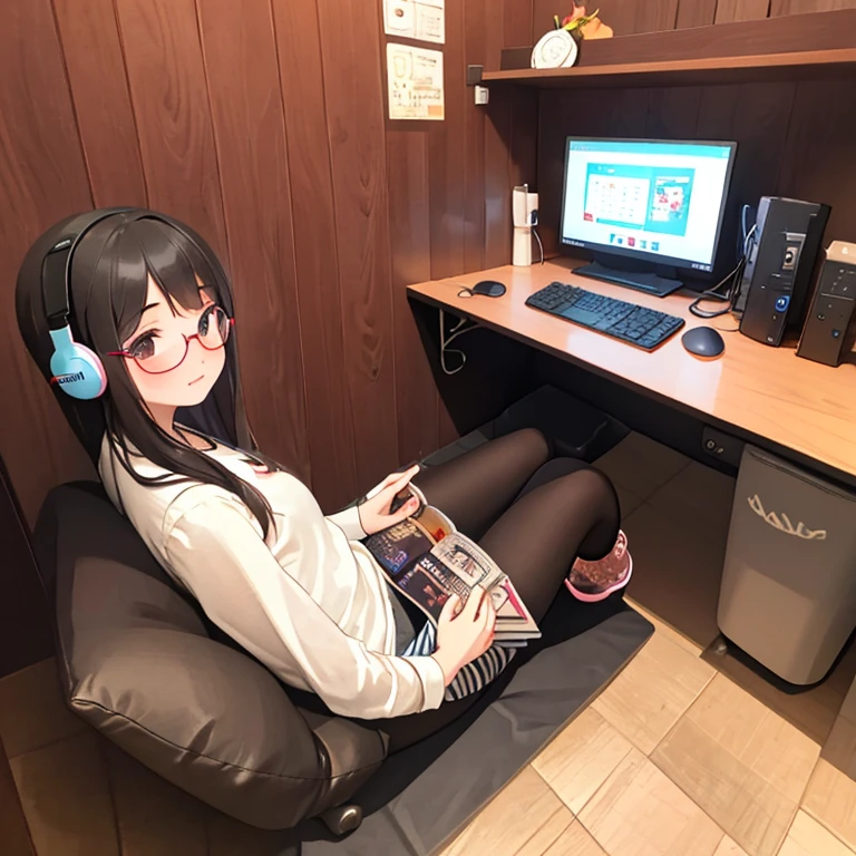 masterpiece, best quality, ultra-detailed, illustration, glasses,
necafe, scenery, 1girl, solo, computer, monitor, chair, black hair, sitting, book, striped, pantyhose, headphones, indoors, desk, lamp
