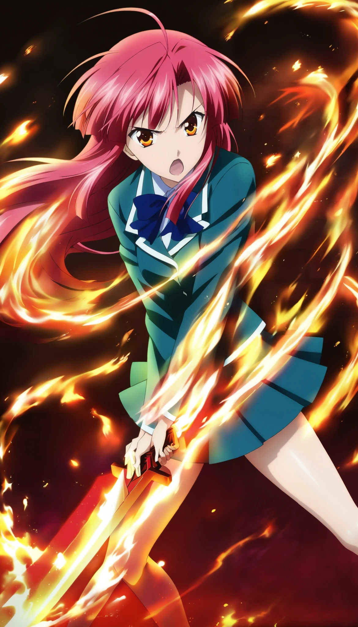 score_9, score_8_up, score_7_up, very aesthetic, source_anime, anime keyvisual, 
simple background, fire enveloping, fire aura, neolight,
foreshortening, dutch angle,
holding sword, dynamic pose, serious, open mouth, high kick,
ayano kannagi, 1girl, school uniform, long hair, red hair, pink hair, orange eyes, miniskirt, beautiful legs, zPDXL