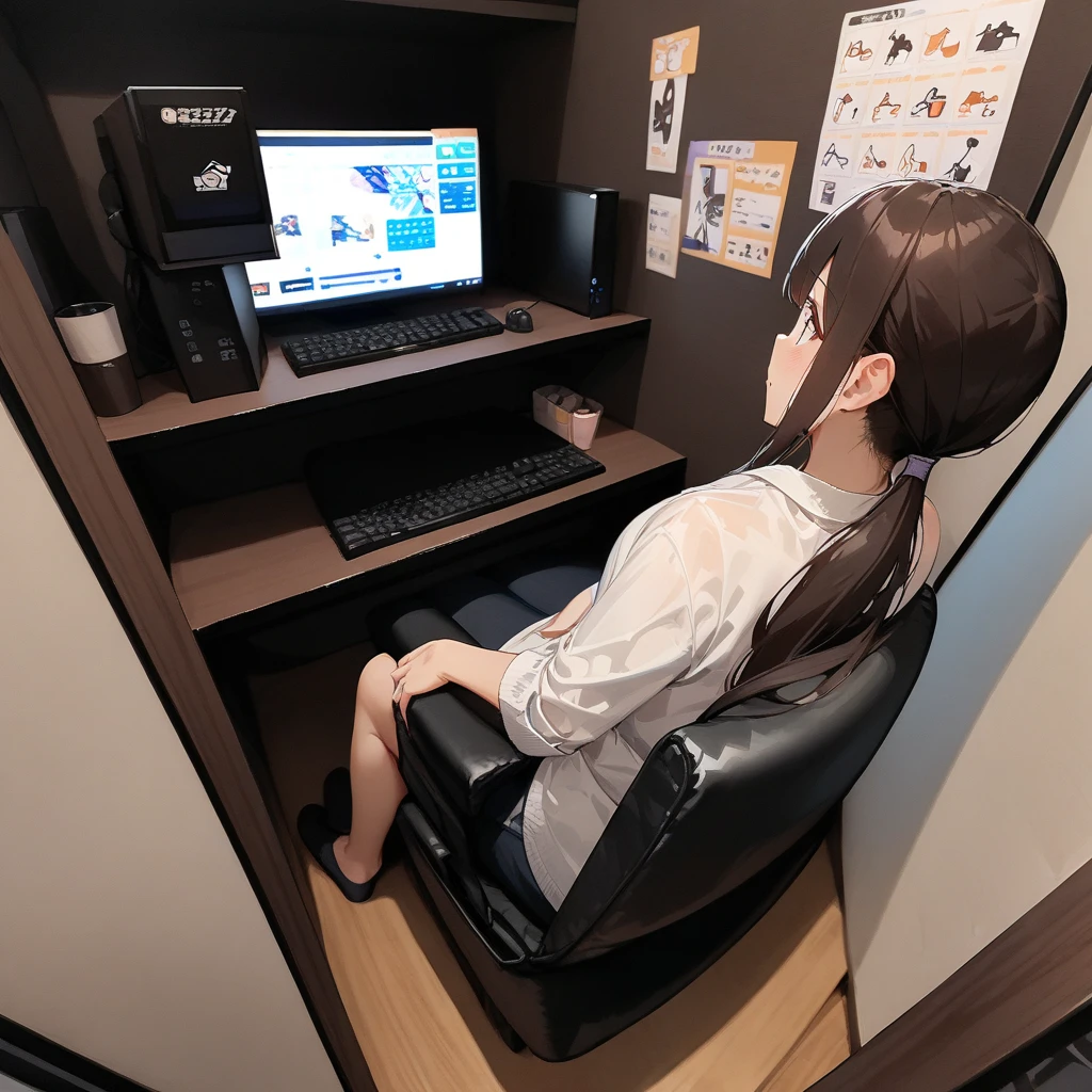 masterpiece, best quality, very aesthetic, absurdres,
necafe, scenery, 1girl, solo, computer, long hair, monitor, ponytail, chair, indoors, sitting, keyboard (computer), from behind, brown hair, mouse (computer), shirt, desk
 