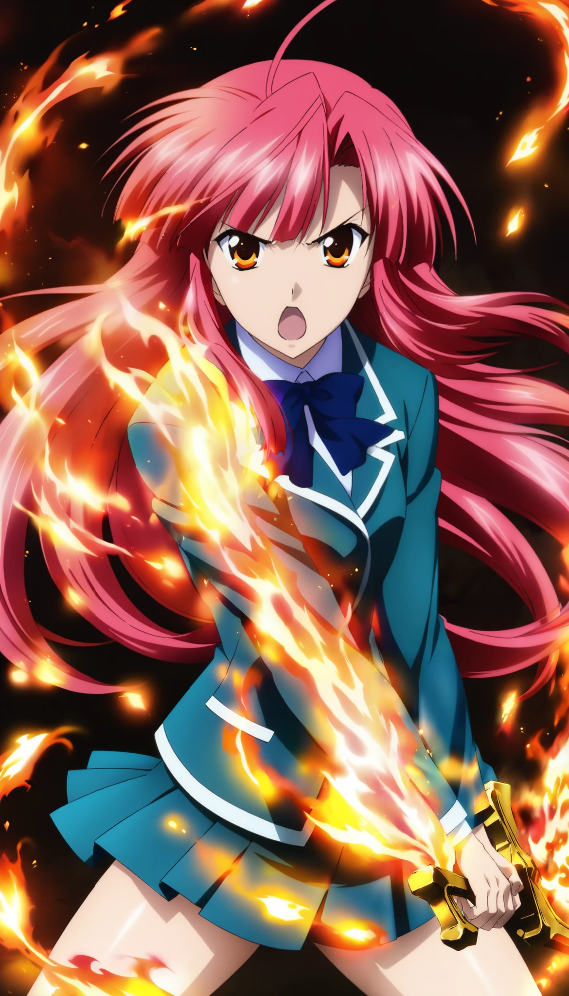 score_9, score_8_up, score_7_up, very aesthetic, source_anime, anime keyvisual, 
simple background, fire enveloping, fire aura, neolight,
cowboy shot, upper body, close up, foreshortening, 
holding sword, dynamic pose, serious, open mouth, looking at viewer, preparing to fight, fighting stance,
ayano kannagi, 1girl, school uniform, long hair, red hair, pink hair, orange eyes, miniskirt, beautiful thighs, zPDXL