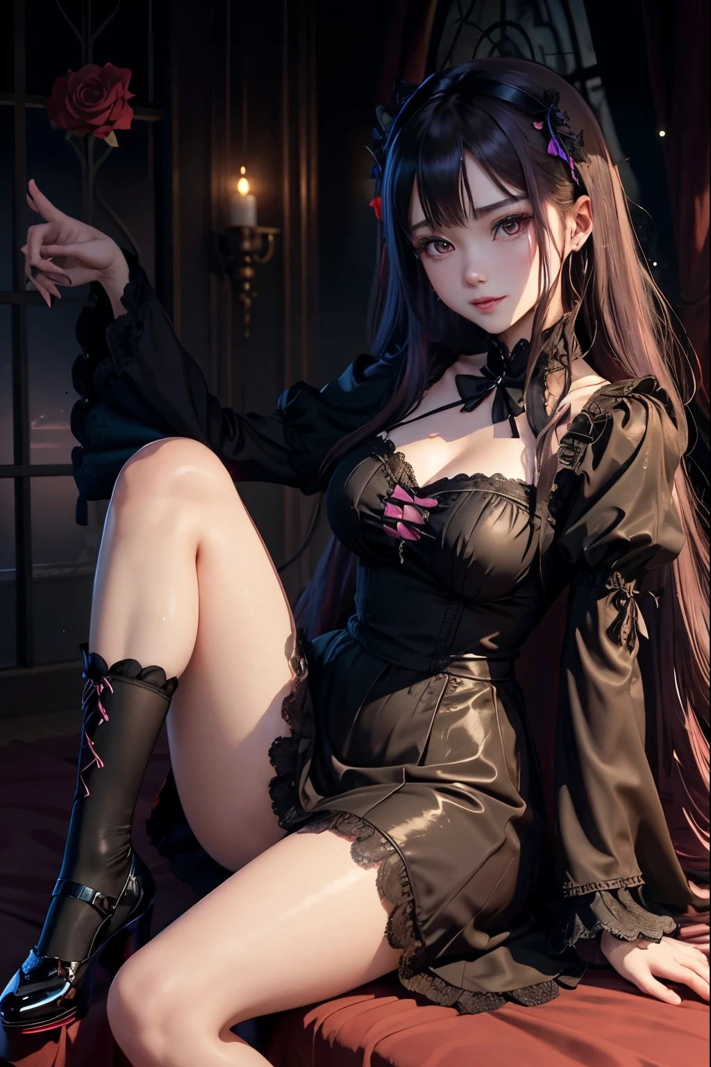 1girl, (grey skin, purple skin:1.4), dark skin, (oni, oni horns), sitting, relaxed, demon girl, (long black hair, cute hairstyle, messy hair), lots of hair, (large eyes, glowing eyes, purple eyes), (slit pupils), lithe, thin, sinuous, (toned body, strong, fit), sweaty, sweat, wild, lewd, sadistic expression, evil grin, cruel, small hands, small feet, iron collar, iron shackles, aroused, feral, full body, dynamic, (inhuman, femdom), bangles, exotic, fantasy species, sorceress dress, sexy one-piece, silk, (fangs), (medieval fantasy, cozy home, comfortable room, indoors, late night, night:1.4, warm atmosphere, luxurious hearth, deep shadows, rich wood, adventurer's home), (best quality:1.2, sharp clarity, great skin detail, photorealistic, detailed features, magical realism), analog style, raw photograph, feet, toes, barefoot, from below, FanInt, 0n1, herzhax, short eyebrows, pickle eyebrows, cut3h0rnstyl3, fantasy, tree, Medieval fantasy world, Moonlight at night, Night scene