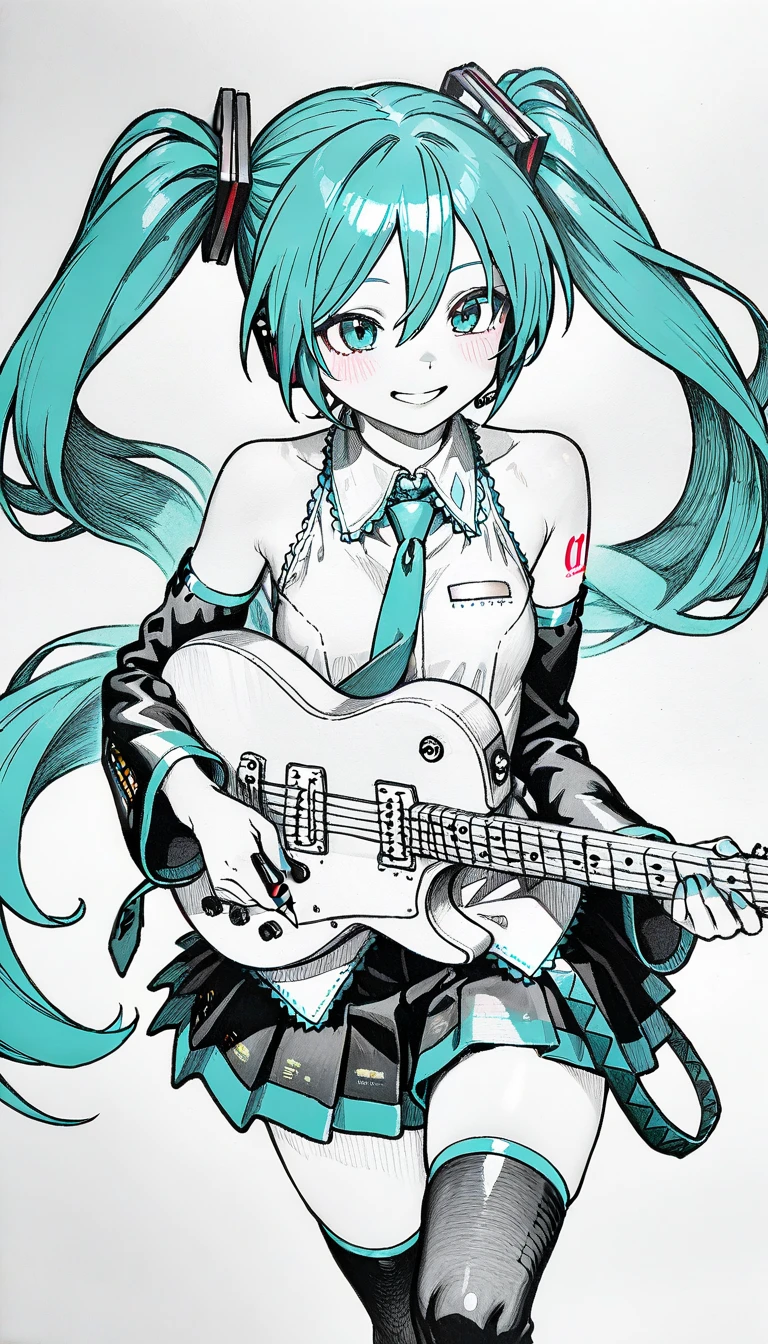 1girl, traditional media, hatsune miku, graphite (medium), mechanical pencil, linear hatching, great quality, normal quality, very aesthetic, hatching (texture), greyscale, monochrome,smile,colored pencil (medium), partially colored, aqua hair, holding, guitar, mixed media,