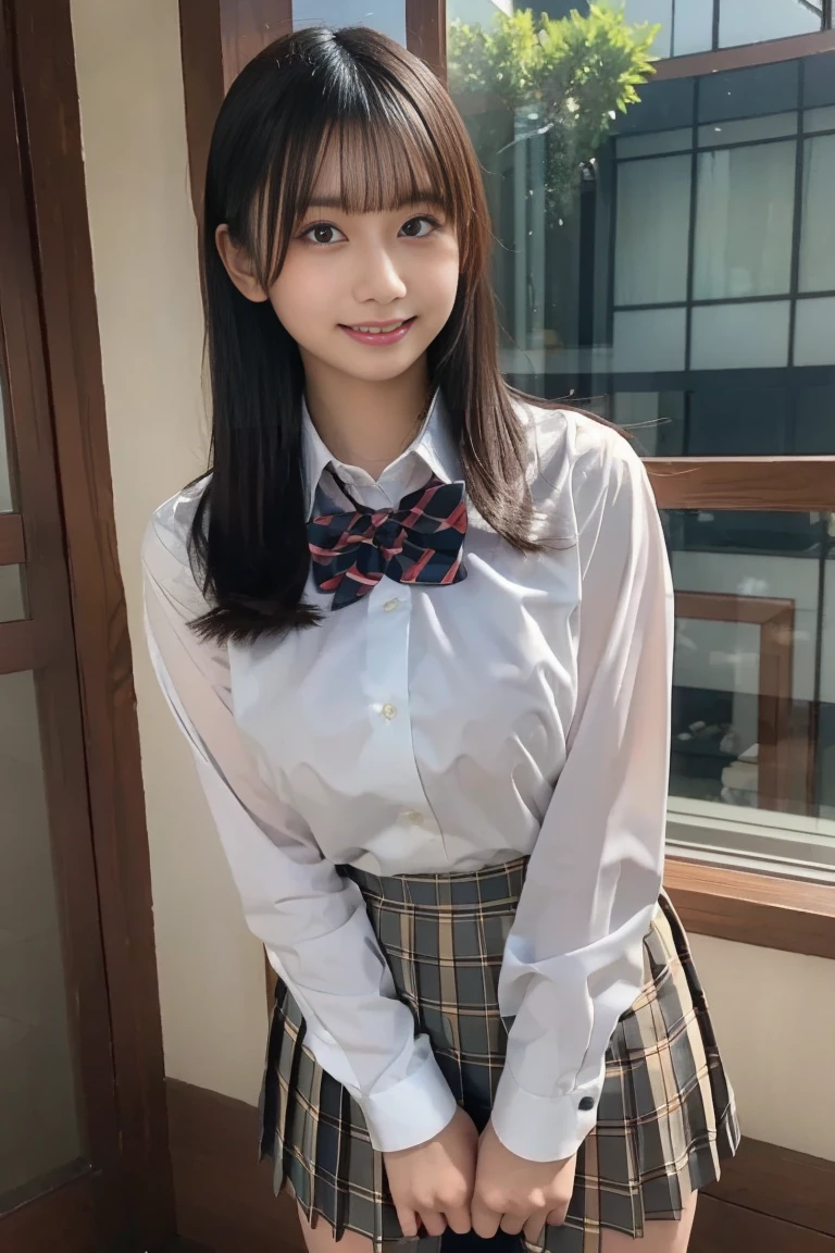 masterpiece,highest quality,official art,High Definition CG Unity 8K Wallpaper High School Girl,very delicate and beautiful,超High resolution,(realistic:1.4),golden hour lighting,(Full body Esbian),In the classroom,(Platinum Short Hair:0.8),(cute eyes),looking at the viewer,facing the front,long hair, 笑face,JK skirt(Plaid),big bust,high school uniform,tie, masterpiece, highest quality, Raw photo, realistic, face, incredibly irrational solution, written boundary depth, High resolution, Super detailed, small details, very detailed, 非常に詳細な目とface, sharp pupils, realisticな生徒, fix sharp focus, cinematic lighting, idol style、very cute:1.2、black haired、bangs、