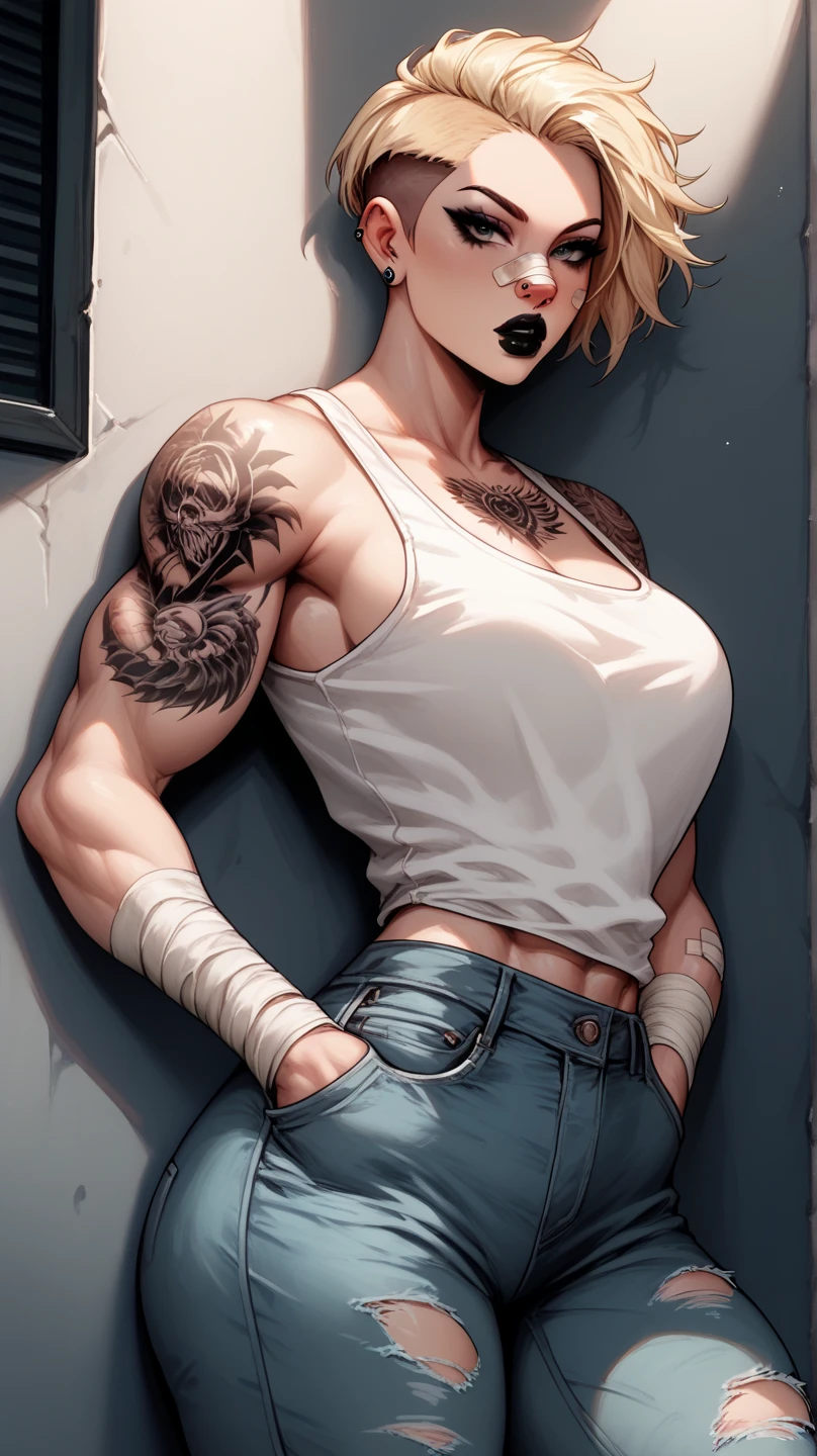 A mean looking woman with blonde undercut hair, wearing a white tank top and ripped jeans, tattoo on arm, bandage on nose, black makeup, black lips, muscular, leaning against the wall in the alleyway, hands inside pockets. 