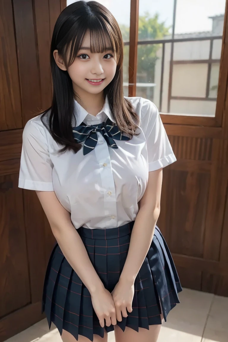  invitation to the mouth , above Orihime ,  standing with different breasts , Alone 、Junior high school students 、Big Breasts,uniform,uniformのスカート、もっとBig Breasts,  top quality,  detailed face ,  Details Eyes ,  high definition , black hair, ((  full body photo )),  beautiful thighs