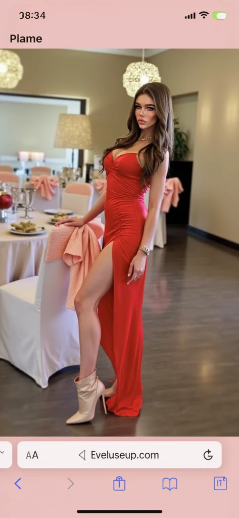 A busty woman, long and straight hair, braless, small breasts, slender body, long legs, standing in the floor, wearing casual red tight maxi dress with o-neck jersey short-sleeve, high heels, stilettos, necklace, bracelet, earrings, full body, detailed body, seductive pose, sexy pose, front view, at the kitchen