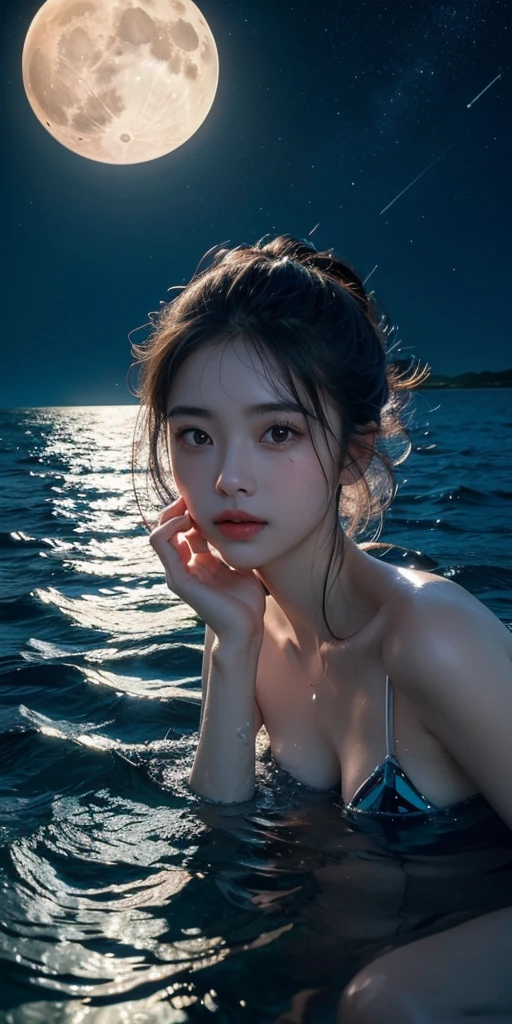 A woman swimming in the sea where bioluminescent plants shine, ((bioluminescent plants shine)), the moonlight reflected on the surface of the sea, (a beautiful moon), a beautiful starry sky, beautiful face, detailed faace,