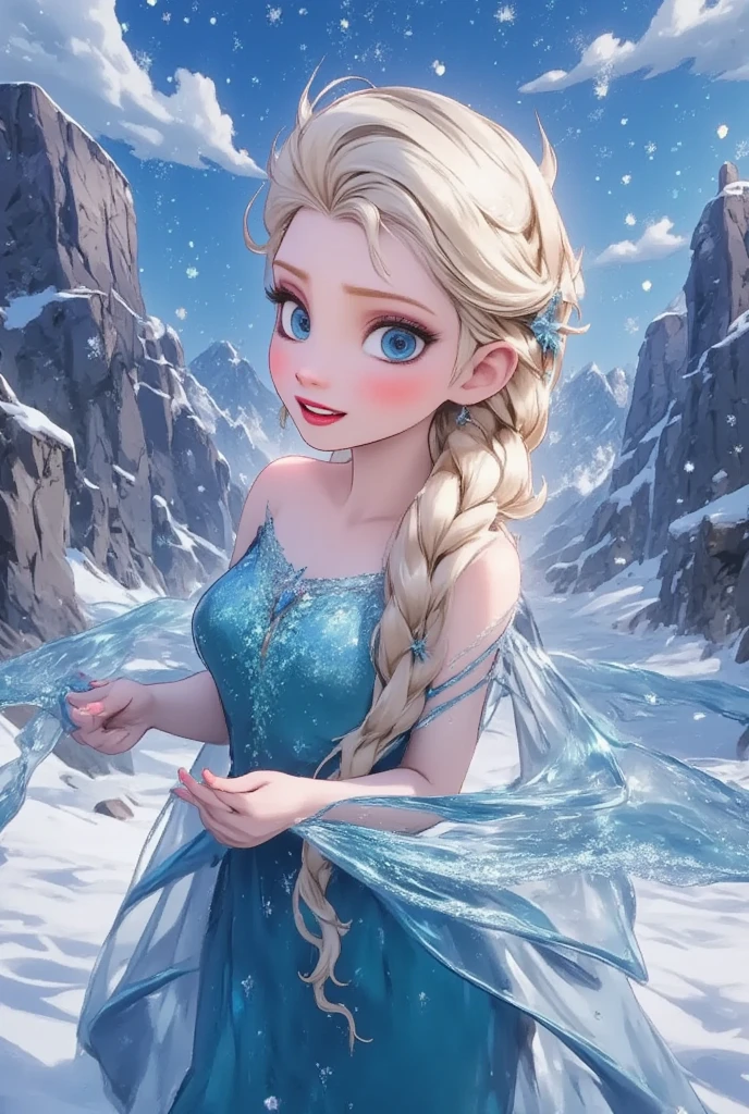 a beautiful detailed portrait of a frozen princess elsa from disney, wearing a sparkling blue dress, long blonde hair, vivid icy blue eyes, beautiful detailed face and lips, elegant pose, playing with magical snow, detailed winter landscape background, fantasy, cinematic lighting, dramatic colors, intricate details, highly detailed, 8k, photorealistic