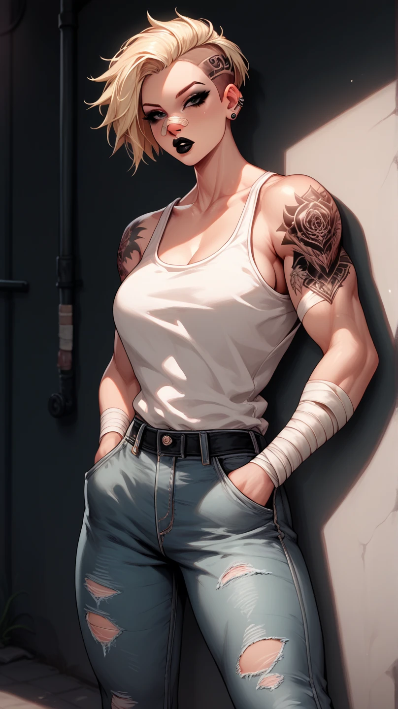 A mean looking woman with blonde undercut hair, wearing a white tank top and ripped jeans, tattoo on arm, bandage on nose, black makeup, black lips, muscular, leaning against the wall in the alleyway, hands inside pockets. 