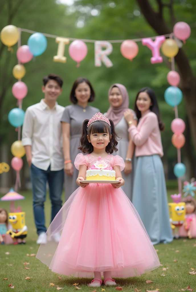real potrait, full body, long shot, a 3-year-old girl wearing a hijab, Sit down, in front of him is a birthday cake, there are number candles "3", Behind there are birthday party accessories, festive atmosphere, charming bright colors
