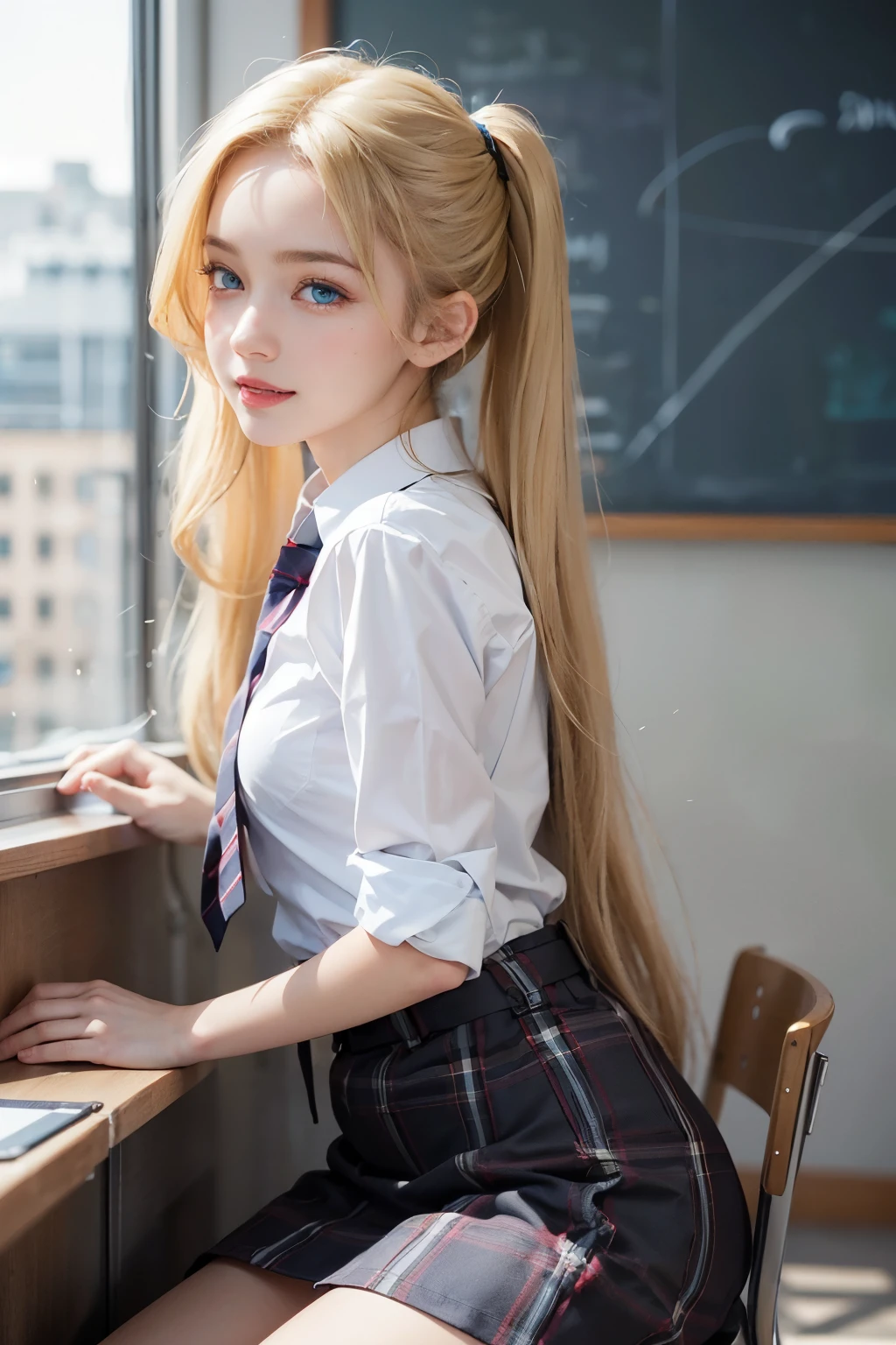 masterpiece, highres, high quality, extremly detailed, 
american teenage girl, long blonde hair, red miniskirt, black ribbon, white shirt, red tie, hair in pigtails. innocent
side lighting, low key, high contrast, high saturation,
in a school classroom, sitting at a small desk. holding a pencil in her mouth

