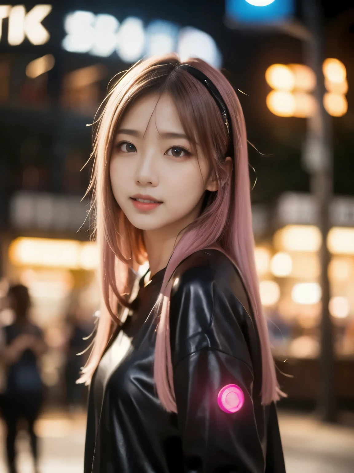 Long pink hair woman, night, neon, flying saucer, abduction, galaxy background, neon lights, black clothes with led, 4k