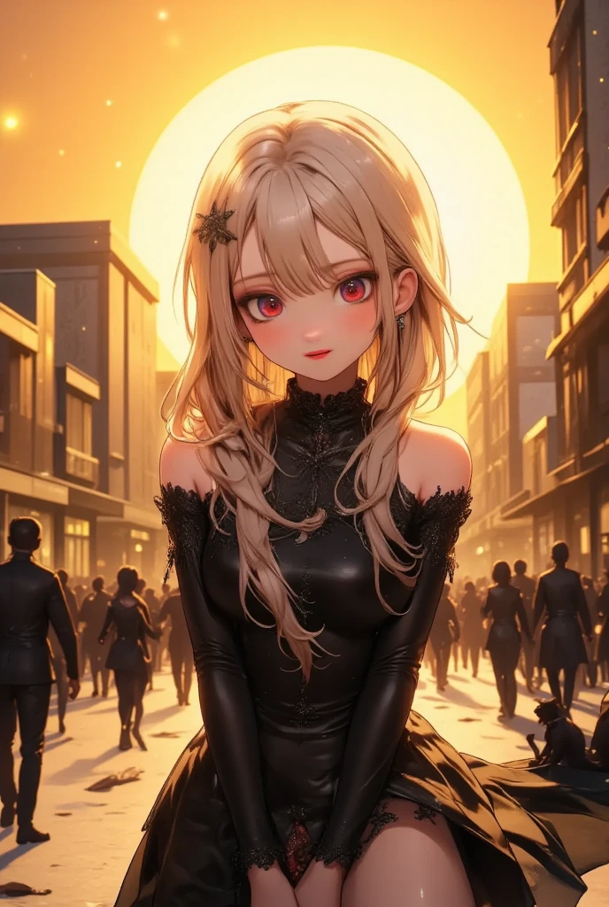 a beautiful girl with long hair, city skyline, sunset, modern shopping mall, realistic, photorealistic, extremely detailed, cinematic lighting, dramatic colors, vibrant, warm tones, glowing sun, golden hour, architectural details, reflections, crowd of people, depth of field, hyper-realistic