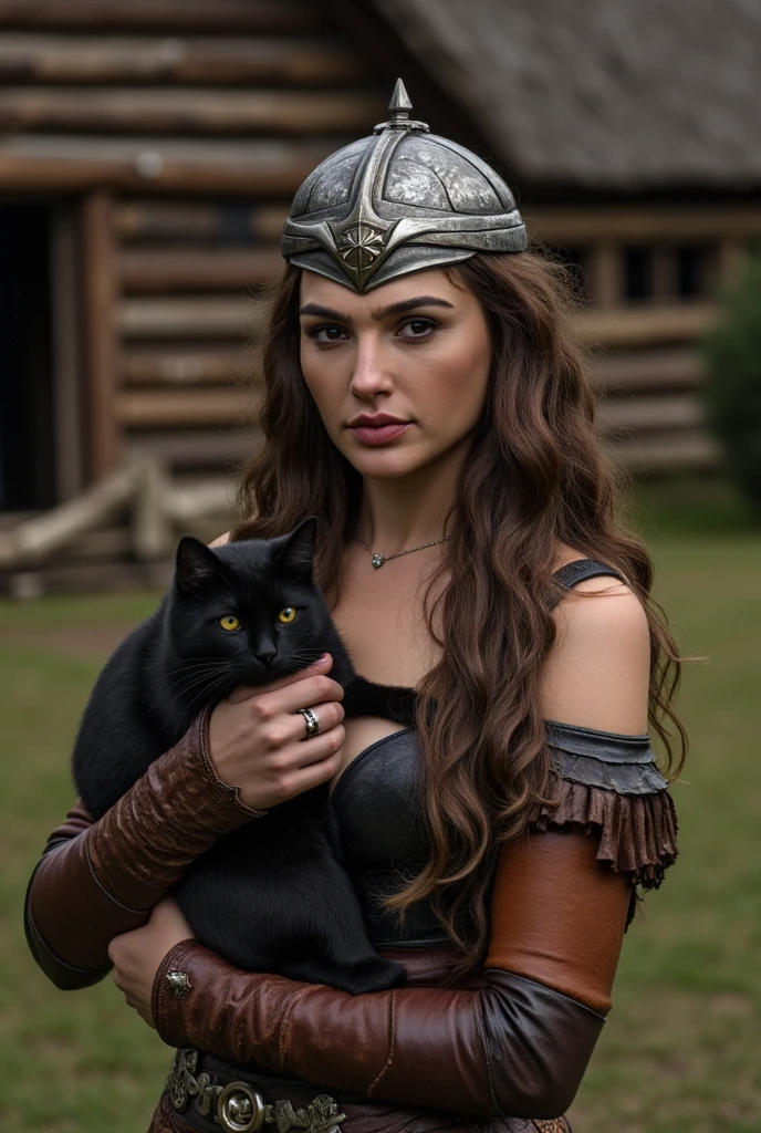 Side view, Viking girl,12 century, looking at viewer, Sweden Young girl, beautiful female, Gal Gadot, holding Scottish Fold, (Highly detailed face, Ordinary eyes, Brown eye, Brown hair, Variegated eyes, Fuller lips, little Lips, little smile), (Middle breasts, Slender Whist, Middle Hip) ,(Viking costume, clothes, Viking helmet), standing pose, near log house, evening, (masterpiece, highest quality, High resolution, Photo realistic, sharp, RAW Photos, wallpaper, perfection, Professional Lighting, Very detailed)
