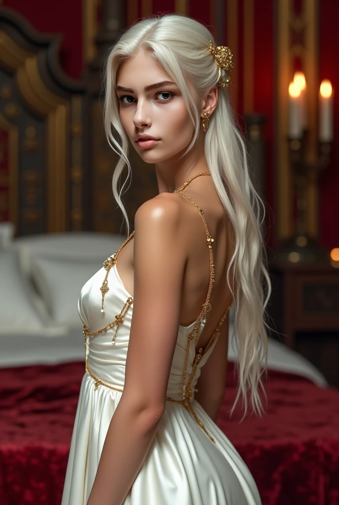 back view,(best quality, masterpiece),(a beautiful voluptuous  white milf),muscle,(silver cornrow hair)(silver dreadlocks),(dark tanned skin:1.5),(oily skin:1.3),(gold embroiled black slit dress:1.4),silver round glasses,gold necklace,(large breasts),jewelry,gold anklet,gold bracelet,(large ass),(seduce pose:1.4),(tired face,open mouth:1.2),(absurdres:1.4),(in dark luxury room),(dramatic lighting:1.4)
