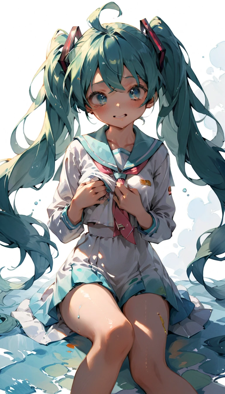 (masterpiece、highest quality、highest quality、Official Art、Beautiful and beautiful:1.2)、(One girl:1.3)Hatsune Miku、Twin tails,Big Breasts,Realistic, High resolution, 1 female, alone, Beautiful Eyes, View Viewer, Close your lips, Detailed face. Long white hair, Big Breasts, Narrow waist, Long legs, Grow up sexy., Perversion is revealed, Sailor's hat, Big (wear: Sailor suit, White panties, Athletic Sneakers) Full body photo, Front view, nude