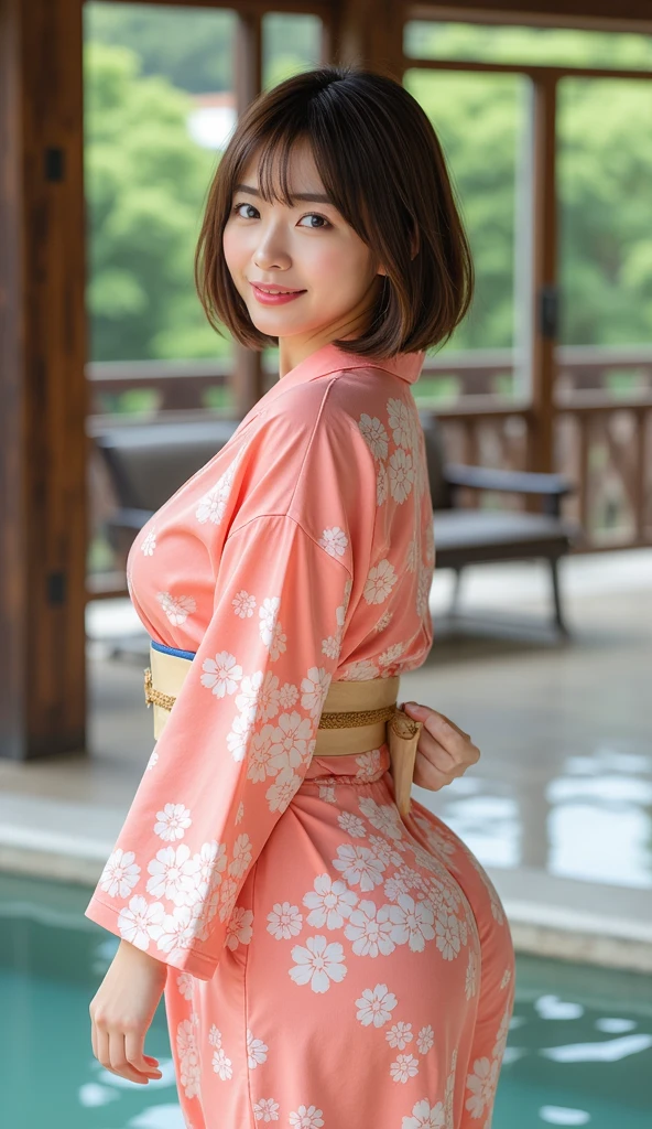 19 years old 、bangss、((( Yukata)))、Medium milk, cute  face、(Butt sticking out pose)、(turned around)、sexy hips、箱根の老舗旅館、Photos showing the whole body茶髪,  show your teeth and laugh,  eyes symbol , 