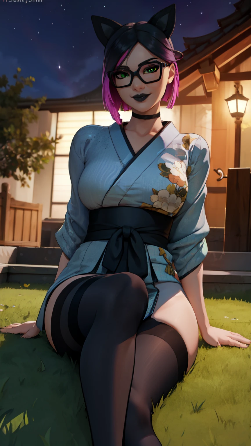Woman with big bust, short lilac hair mullet, Red eyes, on her knees sucking a penis