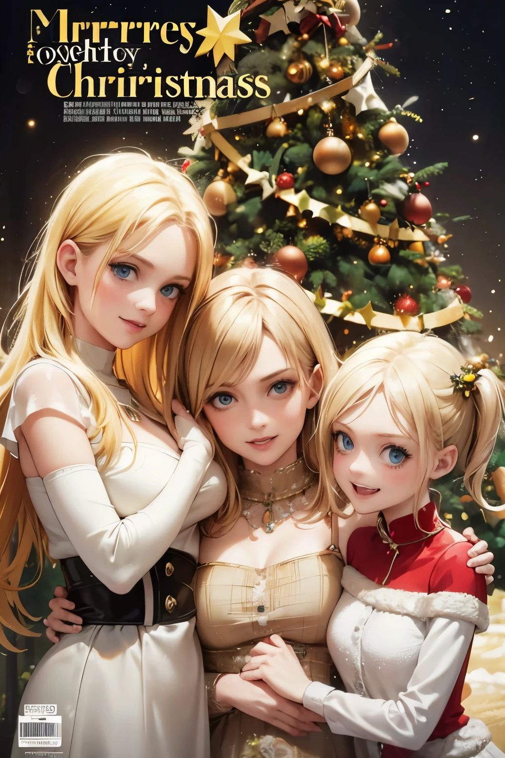 A mother and two daughters, yellow hair and blue eyes, on the cover of a magazine, bright colors, high resolution, realistic portrait, avant-garde, affectionate bond, fashionable clothing, captivating smiles, natural beauty, professional lighting, contemporary style, artistic composition, Christmas Eve, Christmas decorations in the background, Christmas tree