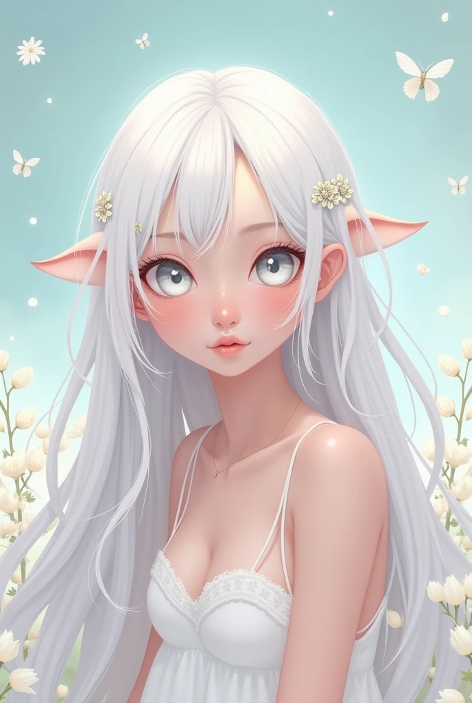 cute single woman long white hair white eyes cartoon
