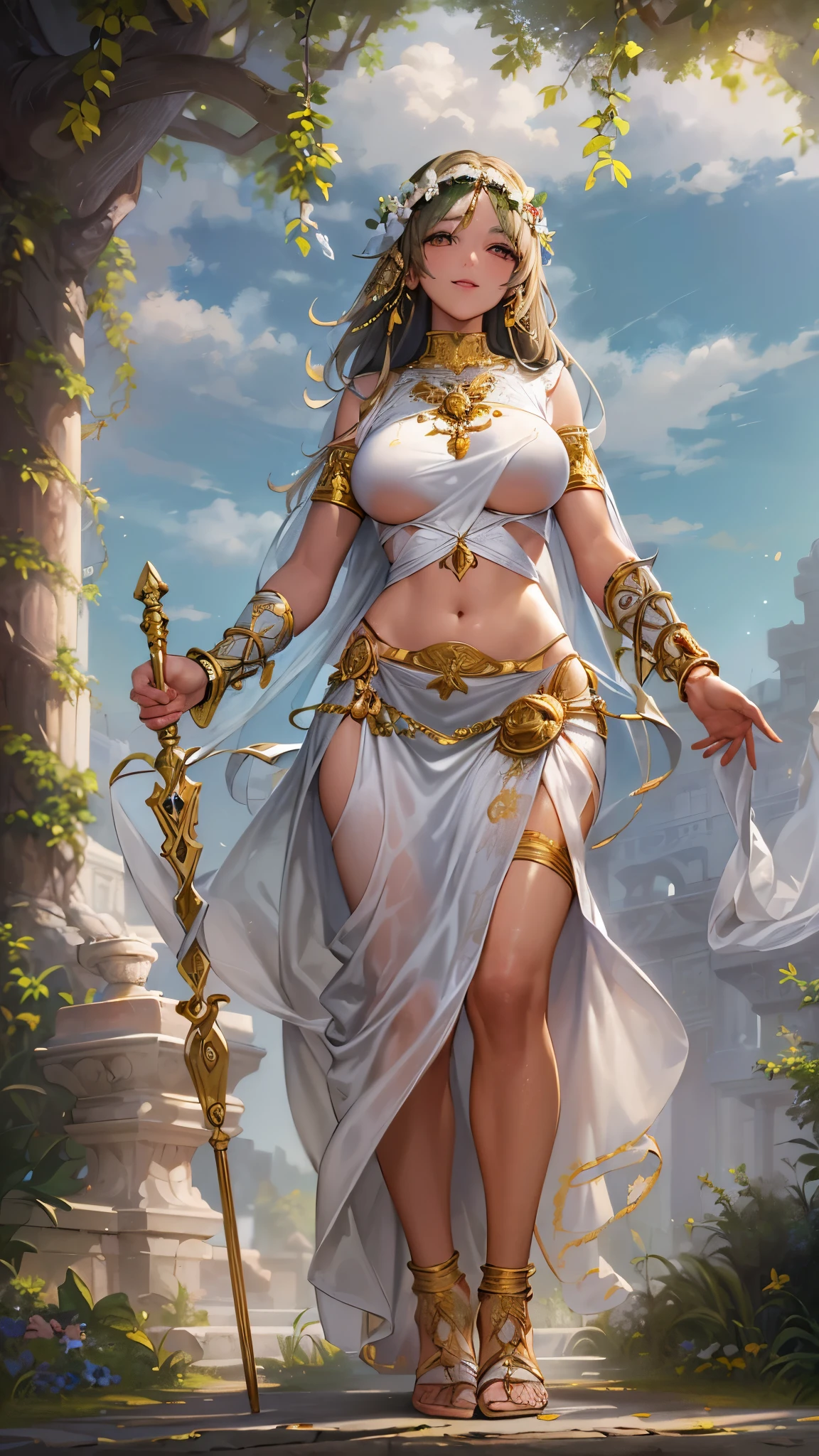 Beautiful woman in insanely intricate Greek goddess Outfit