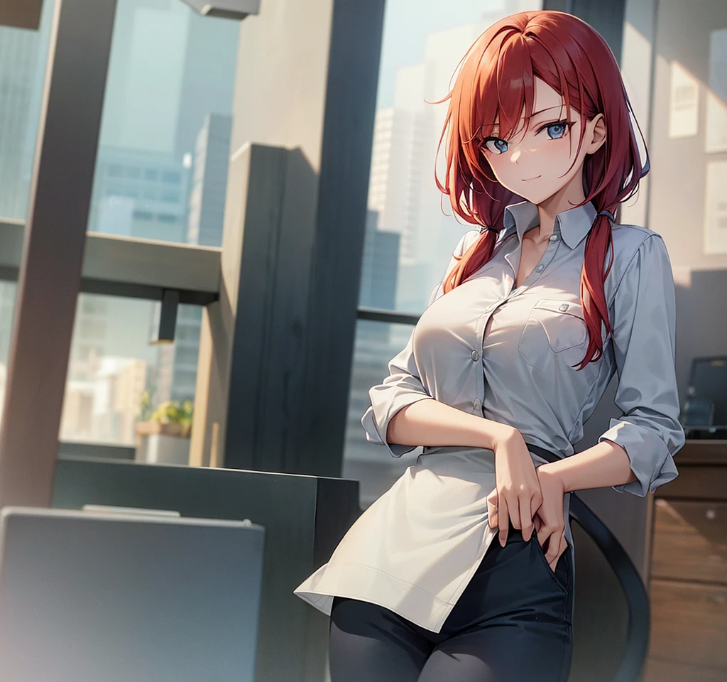 makima \(chainsaw man\), best quality, ultra detailed, 1girl, solo, red hair, long braided hair, golden eyes, bangs, medium breasts, (blushing:1.2), stare, sunset, warm lighting, white shirt, no pants, neck tie, large window, thigh high socks, (wariza:1.2),, panties