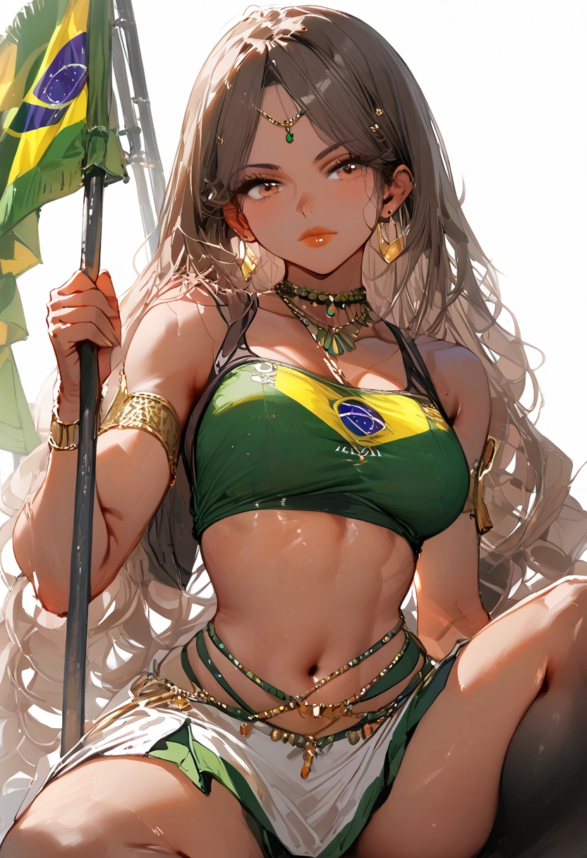 digital painting Brazilian nationalist miniskirt, on her knees, Latina, brown skin, straight curly brown hair, brown eyes, Brazilian flag skirt, and crop top, exposed navel, holding flag, MILF