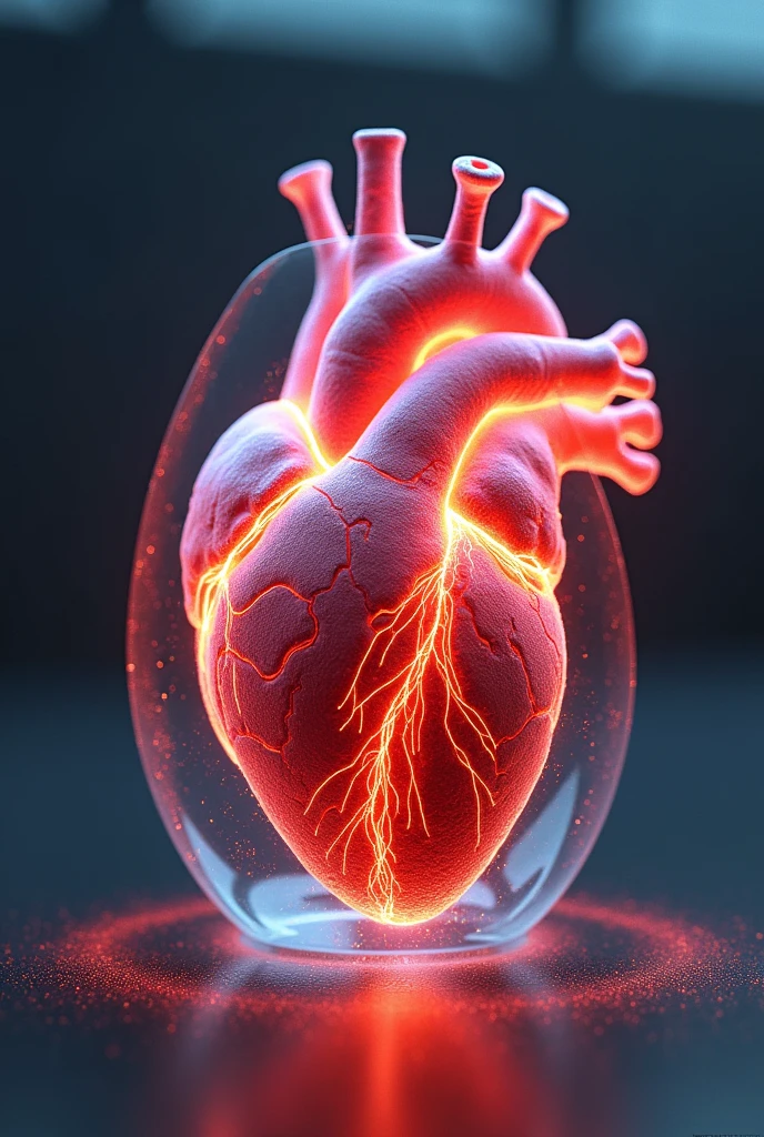 photorealistic, human heart, transparent glass human heart, glowing human heart arteries, fiery human heart arteries, display case, display case, ultra detailed, 8k