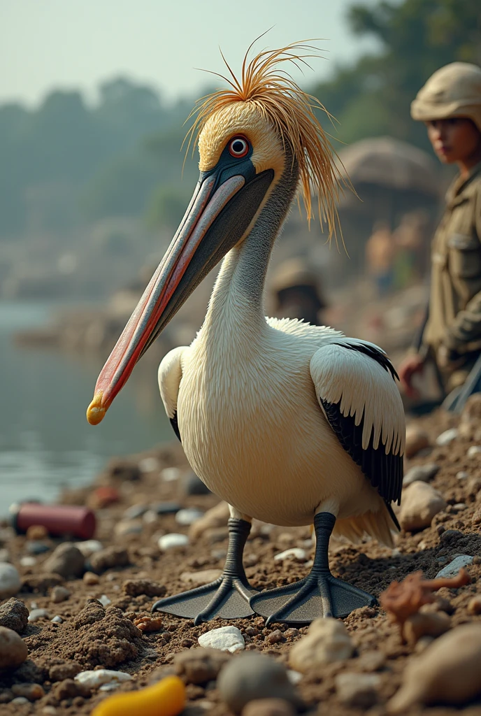 Dreaming of a pelican , and the hair was cut into the shape of a bamboo basket trash can by the barber girls around us, being fed very fat at a riverside dump , looking down alone for food made both of us mistook it for a trash can