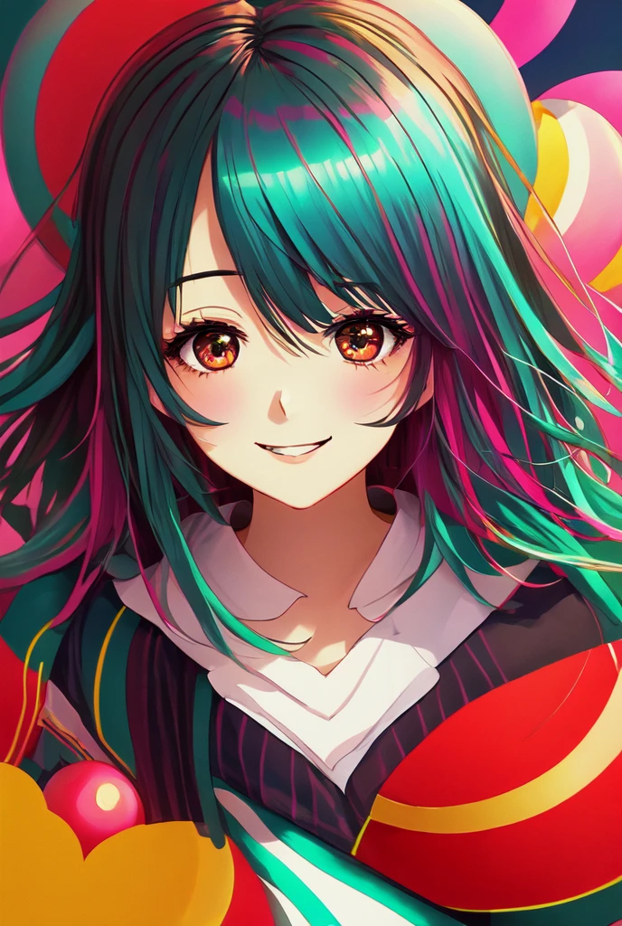  black hair,  has long eyelashes,   Light Smile , tooth,  striped hair, multicoloRed Hair, colored inner hair, Red Hair,  hair clip,  mole under eye, Mismatched pupils,  hollow eyes,  hollow eyes, My pupils are open ,  Heart Shaped Eyes , smile, shadow, Anaglyph,  is written by,  motion blur , Brightness, chromatic painting ,  anime style , 8k,  more,   top quality,  super high resolution , 8k  