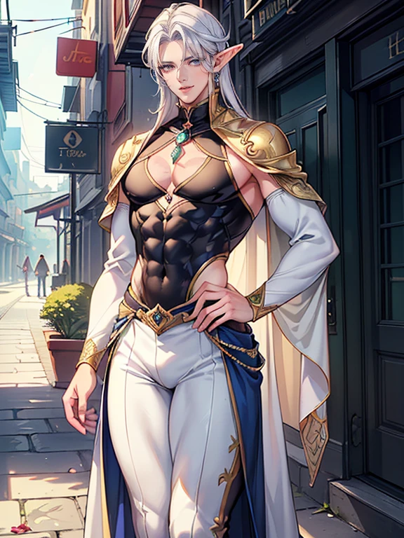 (masterpiece,best quality,ultra_detailed,highres,absurdres), (detailed shadow), (quality light), (webtoon style:1.5), 1 (supermodel idol:1.3) (tall mature male:2.0), (slanty_wide_eyes), 30-ish, (muscleale focus, solo), short (bangs part on side 3:7 ratio), blue eyes (detailed eyes), young beautiful pretty cute elegant (curvy elf_male_queen_prostitute:1.9) in (bright_ornamented_embroidered_jeweled_colorful_white_one-piece_elf_male_queen_outfit with long_sleeves and long_skirt:1.8) (nipples:1.5) (bulge:1.5) is working (elf_kingdom_dark_night_alley:1.8), (eyelashes), (thigh_gap), (slim_slender_thin_svelte_lissom:1.5), (athletic_muscular:1.2), (wide_chest, wide_shoulders:1.3), (pectorals:1.3), (narrow_waist:1.8), (thick_thighs:1.3), (wide_hips, wide_pelvis:1.8), (warm_smile:1.5), (arched_back), short hair, looking at viewer, parted lips, ((PERFECT_FACE)), ((finely_detailed_beautiful_eyes_and_detailed_face)), (best_illumination, best_shadow, an_extremely_delicate_and_beautiful)