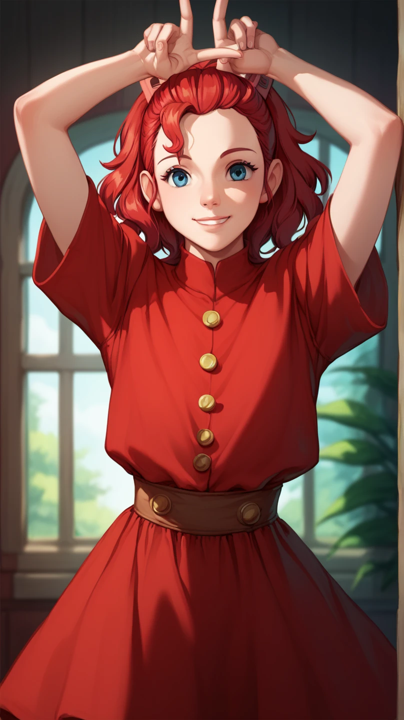 1girl,solo,arrietty,karigurashi no arrietty,minigirl,red dress,red hair,blue eyes,clothes pin,doll house,arms up,v,looking at viewer,smile,, (score_9,score_8_up,score_7_up), anime style, beautiful detailed skin, beautiful eyes, detailed face, best quality, high quality,